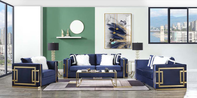 Virrux 80" Loveseat w/4 Pillows, Blue Velvet & Gold Finish Acme