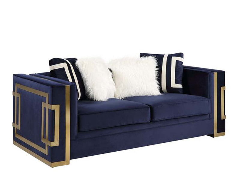 Virrux 80" Loveseat w/4 Pillows, Blue Velvet & Gold Finish Acme