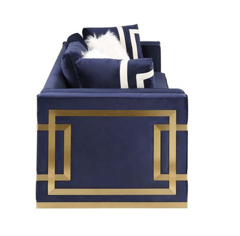 Virrux 80" Loveseat w/4 Pillows, Blue Velvet & Gold Finish Acme