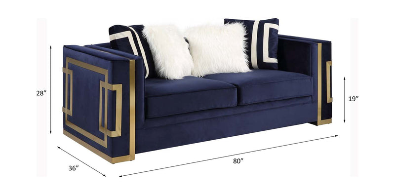 Virrux 80" Loveseat w/4 Pillows, Blue Velvet & Gold Finish Acme
