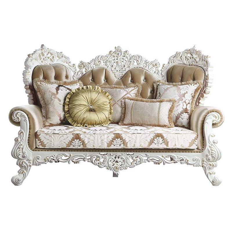 Vanaheim 78" Loveseat w/5 Pillows, Fabric & Antique White Finish Acme