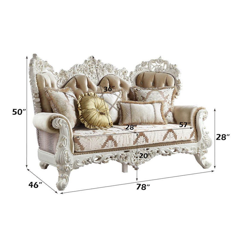 Vanaheim 78" Loveseat w/5 Pillows, Fabric & Antique White Finish Acme