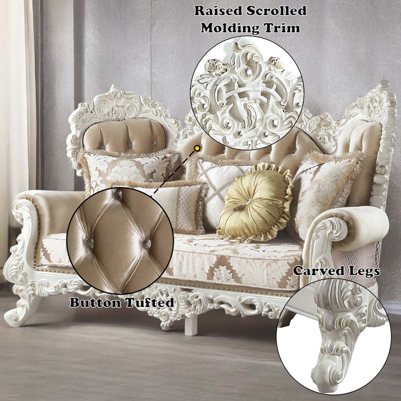 Vanaheim 78" Loveseat w/5 Pillows, Fabric & Antique White Finish Acme