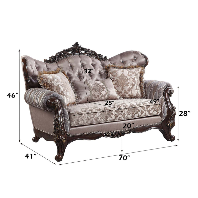 Benbek 70" Loveseat w/3 Pillows, Fabric & Antique Oak Finish Acme