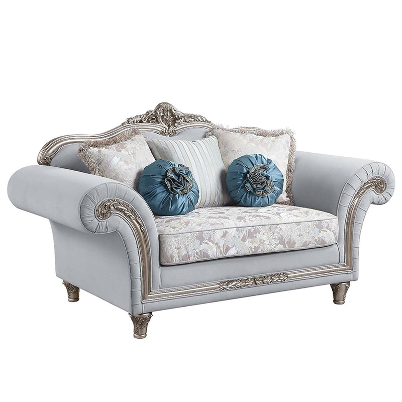 Pelumi 76" Loveseat w/5 Pillows, Light Gray Linen & Platinum Finish Acme