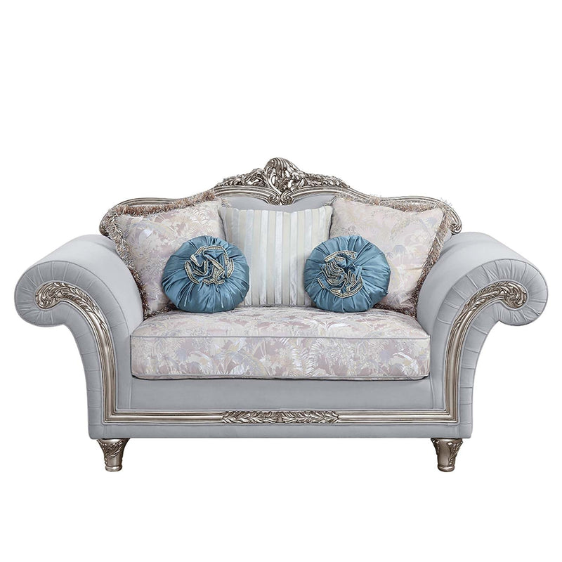 Pelumi 76" Loveseat w/5 Pillows, Light Gray Linen & Platinum Finish Acme