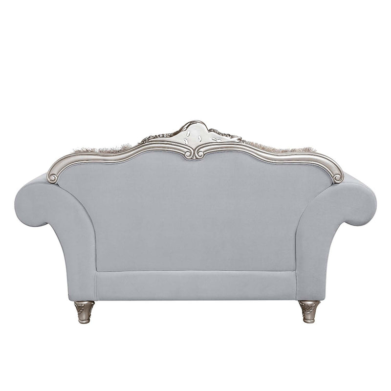 Pelumi 76" Loveseat w/5 Pillows, Light Gray Linen & Platinum Finish Acme