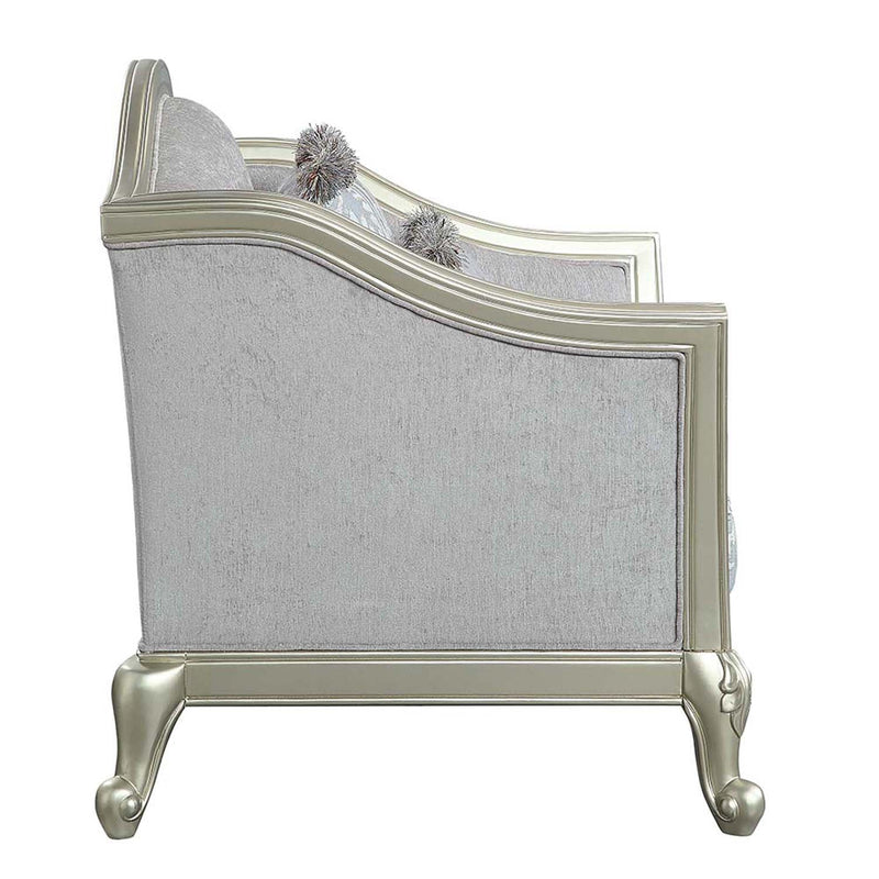 Qunsia 66" Loveseat w/4 Pillows, Light Gray Linen & Champagne Finish Acme