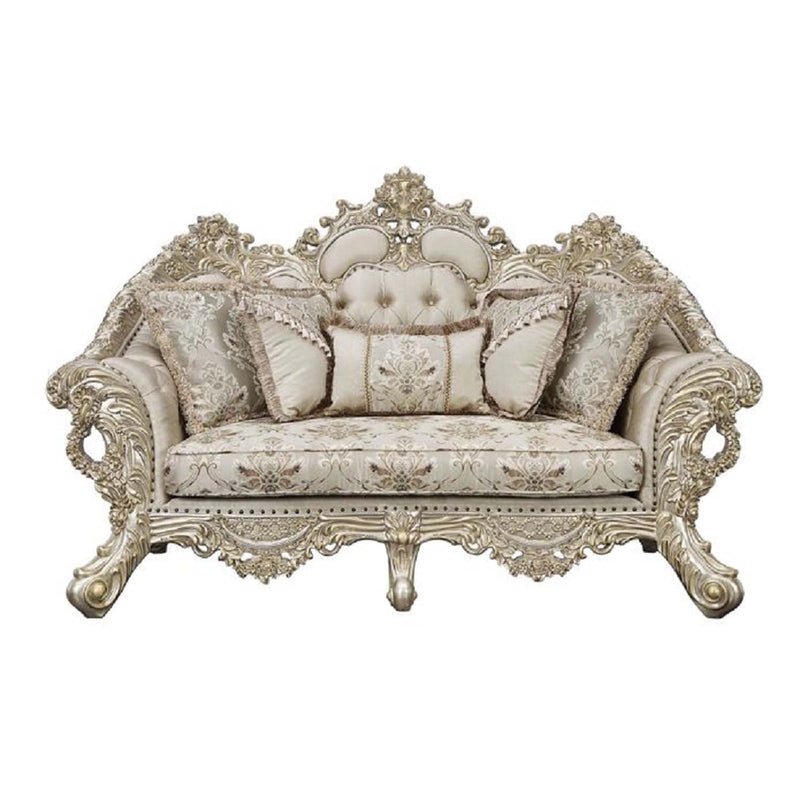 Danae 80" Loveseat w/5 Pillows, Fabric, Champagne & Gold Finish Acme