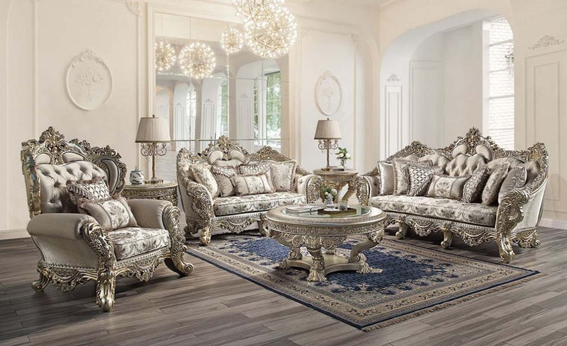 Danae 80" Loveseat w/5 Pillows, Fabric, Champagne & Gold Finish Acme