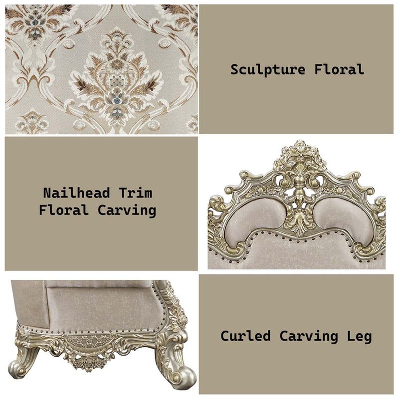 Danae 80" Loveseat w/5 Pillows, Fabric, Champagne & Gold Finish Acme