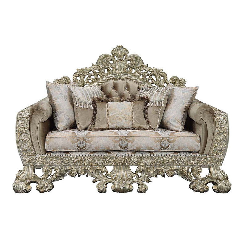 Sorina 77" Loveseat w/5 Pillows, Velvet, Fabric & Antique Gold Finish Acme