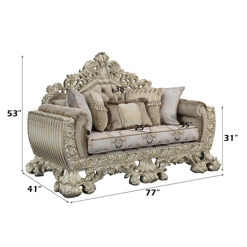 Sorina 77" Loveseat w/5 Pillows, Velvet, Fabric & Antique Gold Finish Acme