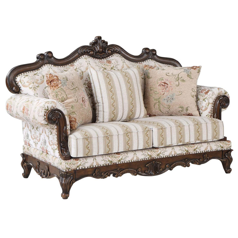 Nayla 69" Loveseat w/3 Pillows, Pattern Fabric & Cherry Finish Acme