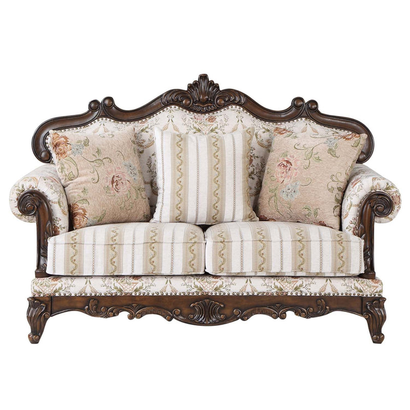 Nayla 69" Loveseat w/3 Pillows, Pattern Fabric & Cherry Finish Acme