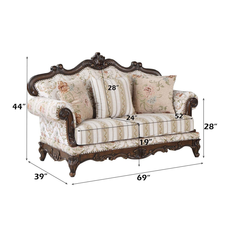 Nayla 69" Loveseat w/3 Pillows, Pattern Fabric & Cherry Finish Acme