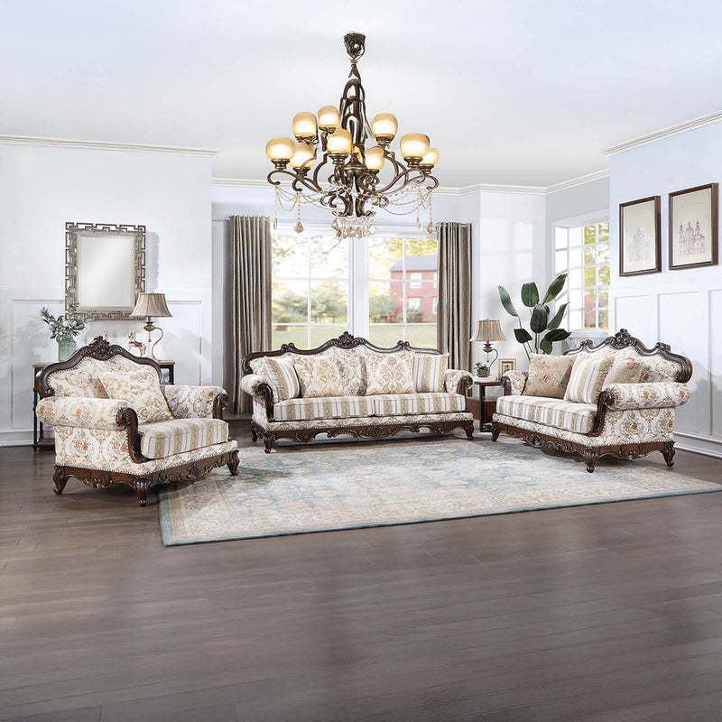 Nayla 69" Loveseat w/3 Pillows, Pattern Fabric & Cherry Finish Acme