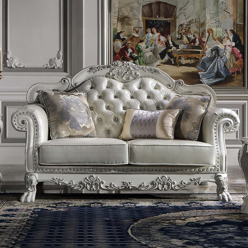 Dresden 63.7" Loveseat w/3 Pillows, Faux Leather & Bone White Finish Acme