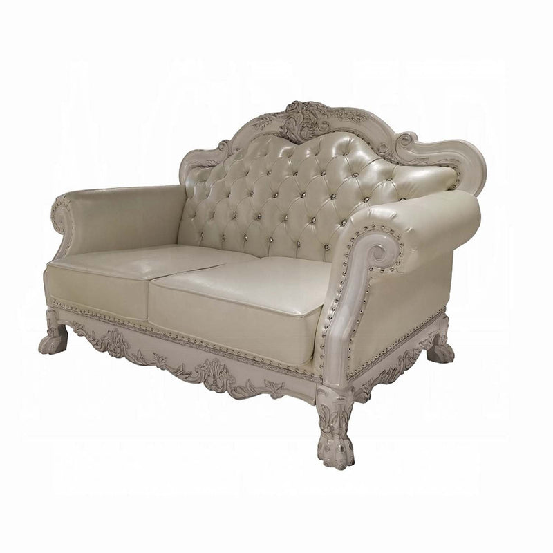 Dresden 63.7" Loveseat w/3 Pillows, Faux Leather & Bone White Finish Acme