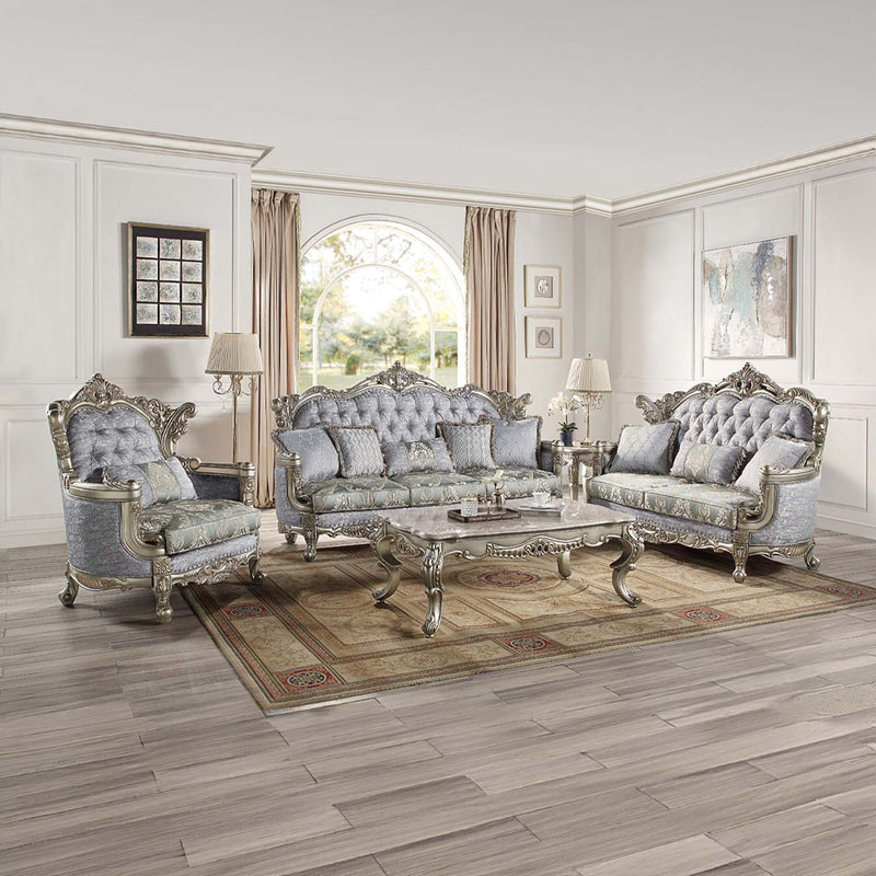Miliani 73" Loveseat w/3 Pillows, Fabric & Antique Bronze Finish Acme