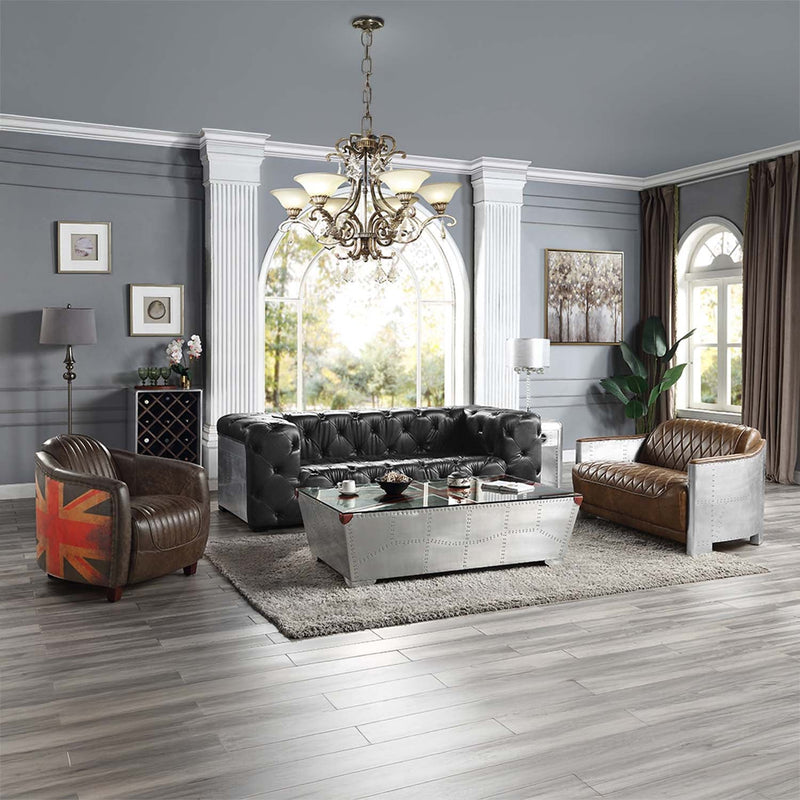 Sedna 50" Loveseat, Espresso Top Grain Leather & Aluminum Acme