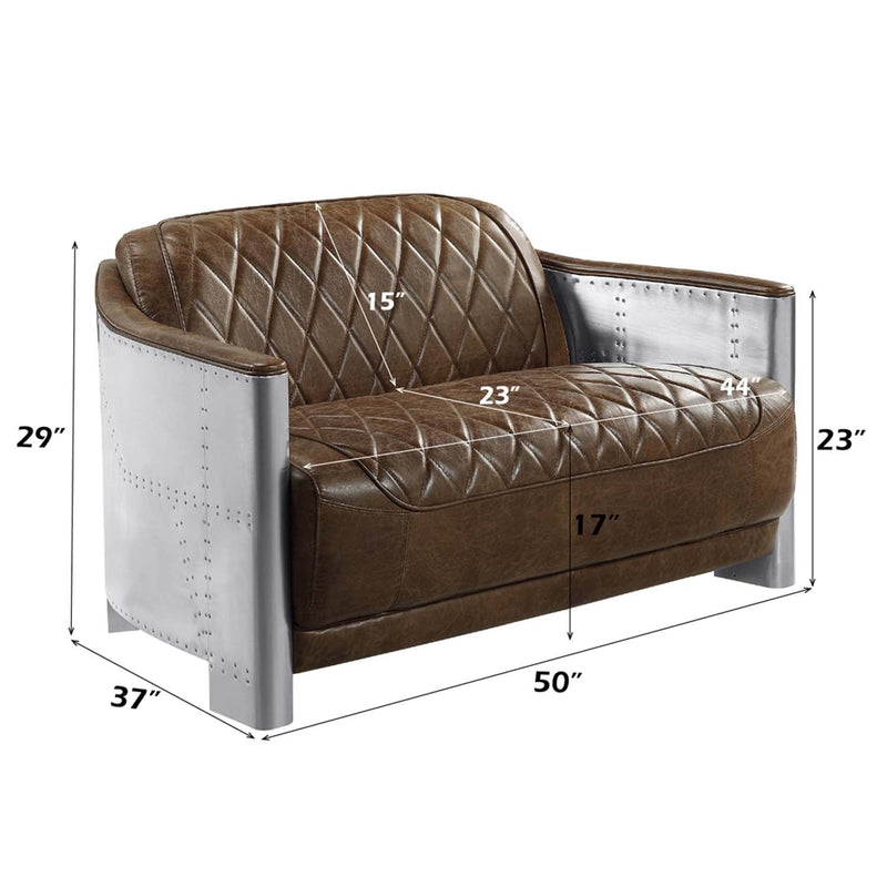 Sedna 50" Loveseat, Espresso Top Grain Leather & Aluminum Acme