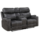 Hirah Motion 75" Loveseat w/Console & USB Port, Dark Gray Polish Microfiber Acme