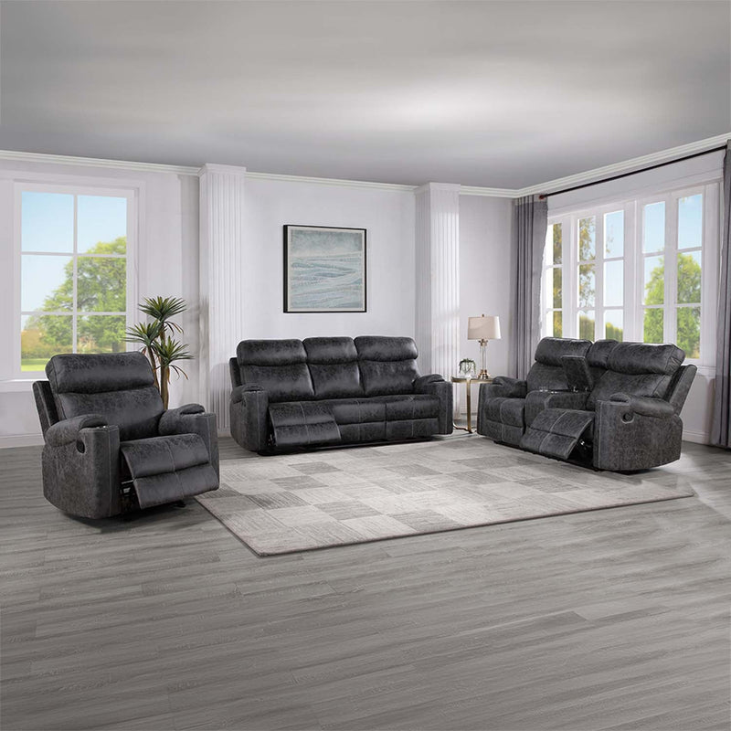 Hirah Motion 75" Loveseat w/Console & USB Port, Dark Gray Polish Microfiber Acme