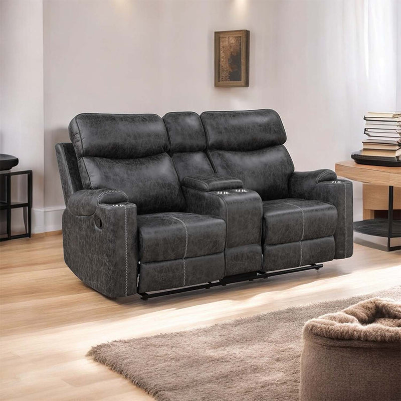 Hirah Motion 75" Loveseat w/Console & USB Port, Dark Gray Polish Microfiber Acme