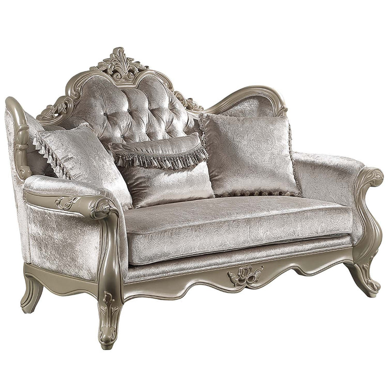 Libertee 70" Loveseat w/3 Pillows, Beige Fabric & Champagne Finish Acme