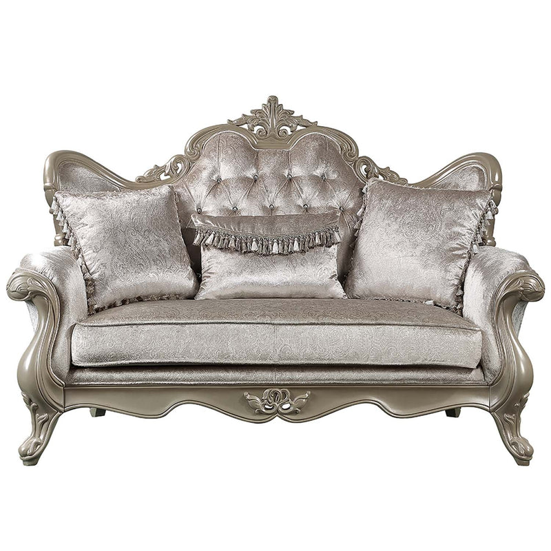 Libertee 70" Loveseat w/3 Pillows, Beige Fabric & Champagne Finish Acme