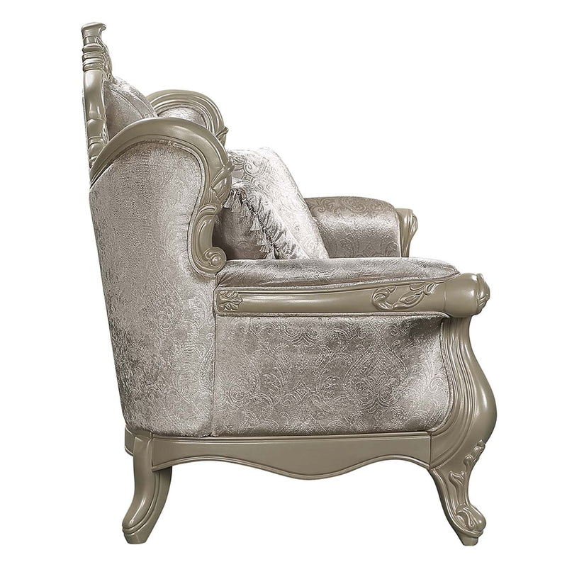 Libertee 70" Loveseat w/3 Pillows, Beige Fabric & Champagne Finish Acme