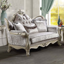 Libertee 70" Loveseat w/3 Pillows, Beige Fabric & Champagne Finish Acme