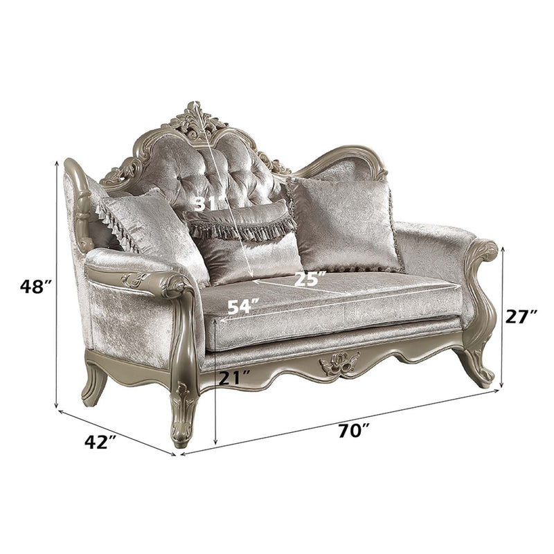 Libertee 70" Loveseat w/3 Pillows, Beige Fabric & Champagne Finish Acme