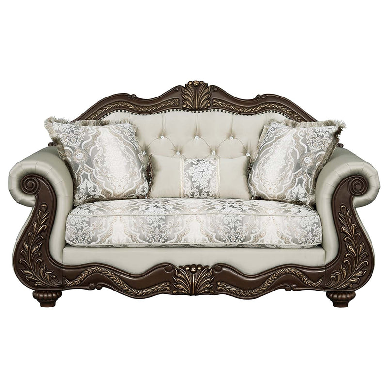 Pierce 69" Loveseat w/3 Pillows, Beige Fabric & Cherry Finish Acme