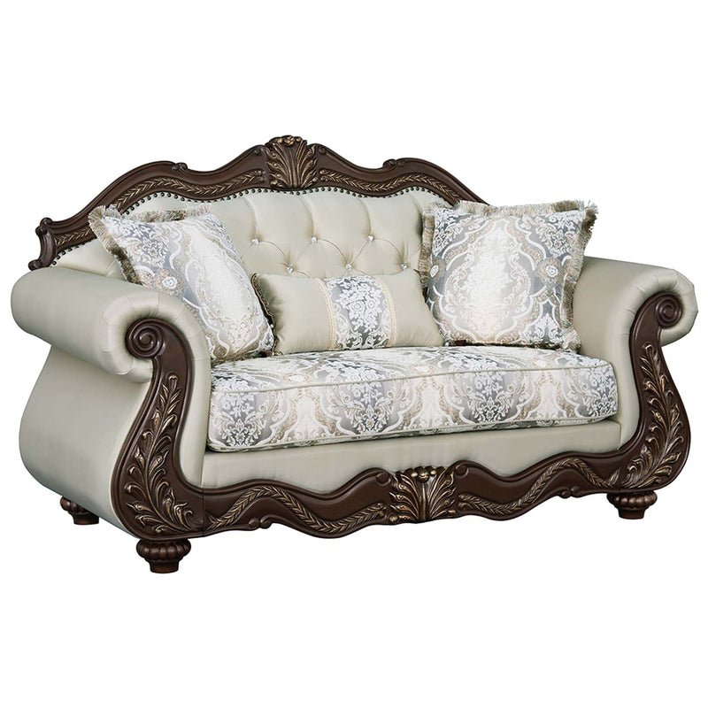Pierce 69" Loveseat w/3 Pillows, Beige Fabric & Cherry Finish Acme