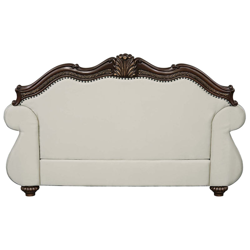 Pierce 69" Loveseat w/3 Pillows, Beige Fabric & Cherry Finish Acme