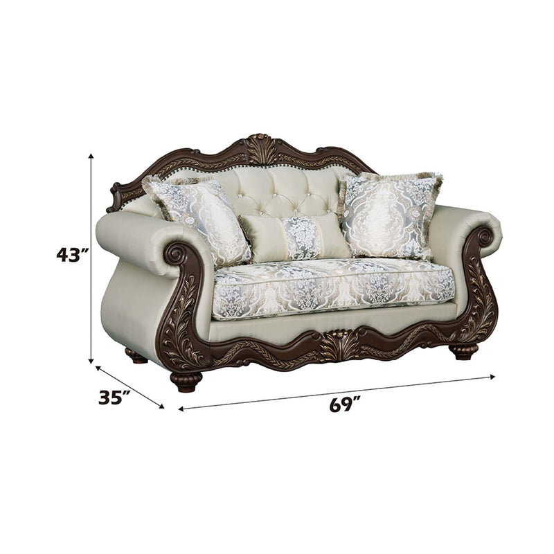 Pierce 69" Loveseat w/3 Pillows, Beige Fabric & Cherry Finish Acme