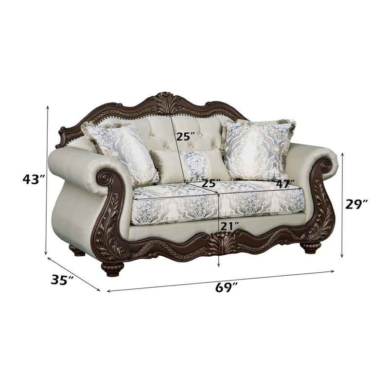 Pierce 69" Loveseat w/3 Pillows, Beige Fabric & Cherry Finish Acme
