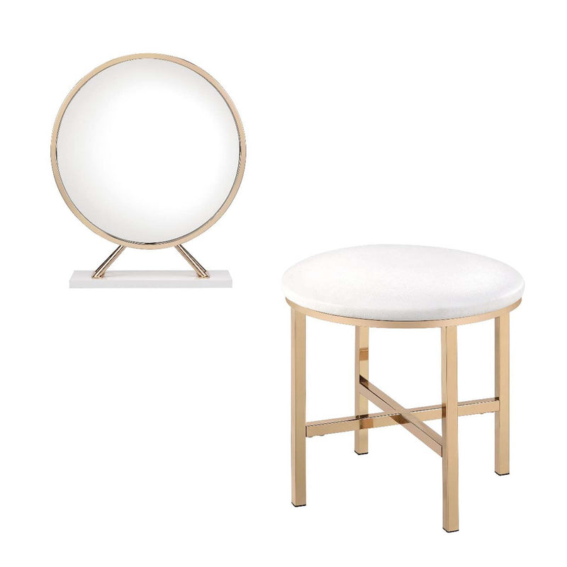 Midriaks 16"x16" Mirror & Stool, Faux Leather , White & Gold Finish Acme