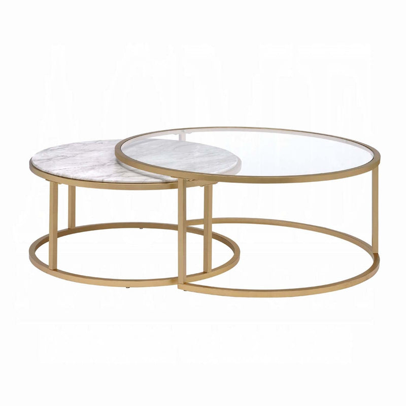 Shanish 2PC Nesting Table Set, Faux Marble Top & Gold Finish Acme