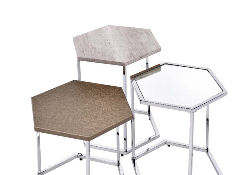 Simno 2PC Nesting Table Set, Clear Glass, Taupe, Gray Washed & Chrome Finish Acme