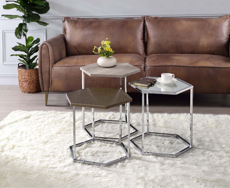 Simno 2PC Nesting Table Set, Clear Glass, Taupe, Gray Washed & Chrome Finish Acme