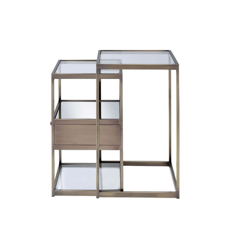 Enca 2PC Nesting Table Set, Clear Glass & Antique Brass Finish Acme