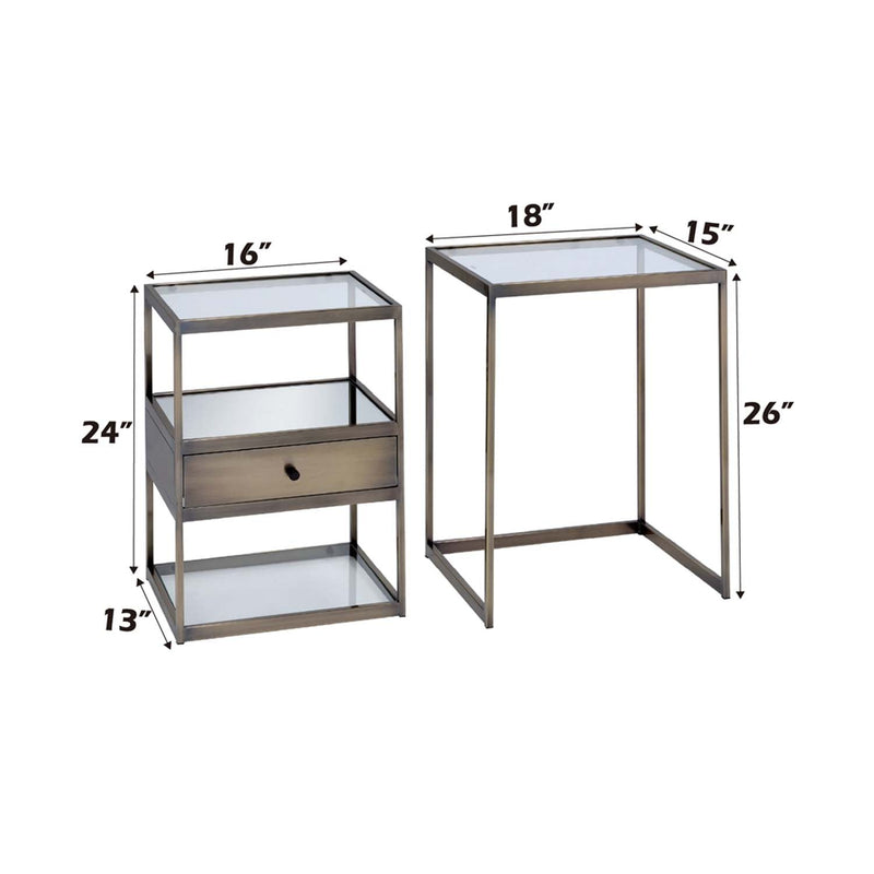 Enca 2PC Nesting Table Set, Clear Glass & Antique Brass Finish Acme