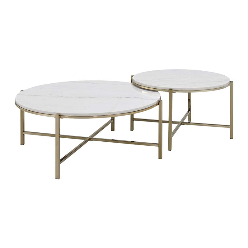 Zaidee 2PC Nesting Table Set, Natural Marble Top & Nickel Finish Acme