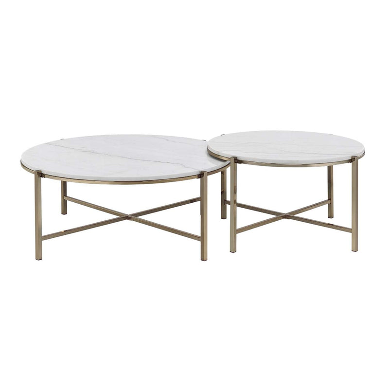 Zaidee 2PC Nesting Table Set, Natural Marble Top & Nickel Finish Acme