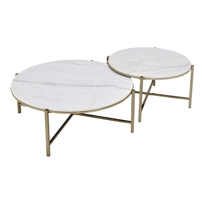 Zaidee 2PC Nesting Table Set, Natural Marble Top & Nickel Finish Acme