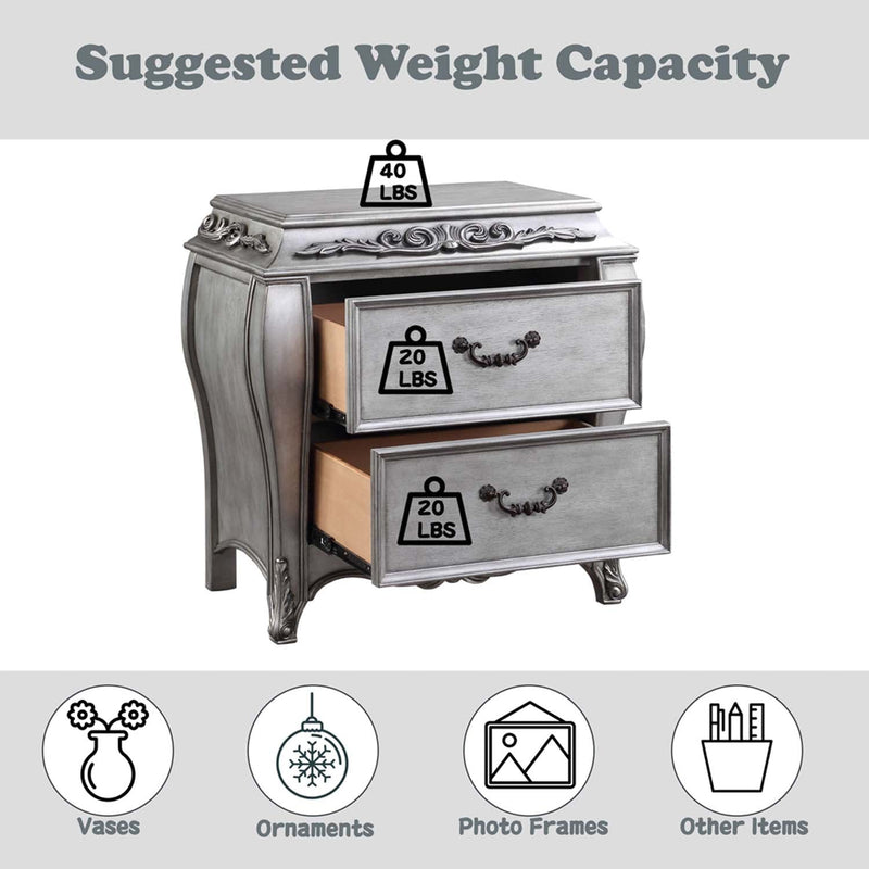 Leonora Nightstand, Vintage Platinum Acme