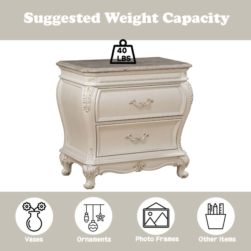Chantelle Nightstand w/Marble Top, Pearl White Finish Acme